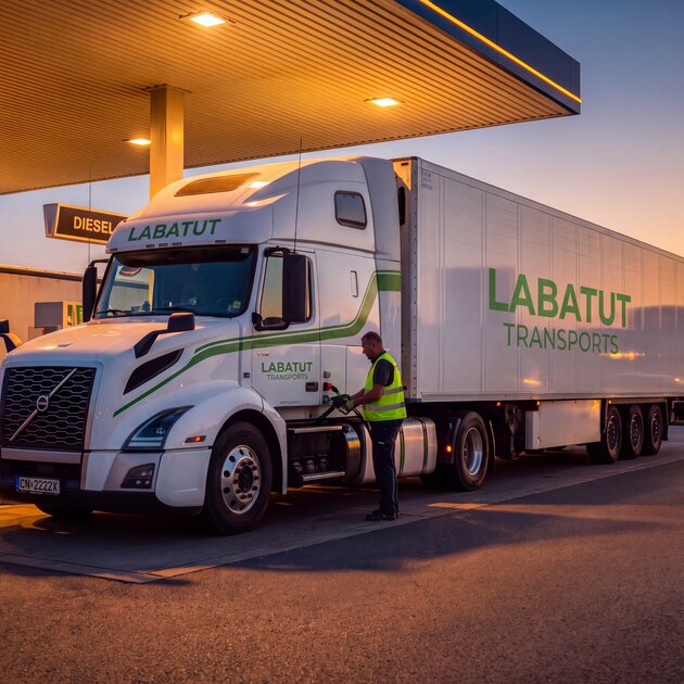 Camion Labatut Transports au ravitaillement en gazole sur une aire d'autoroute